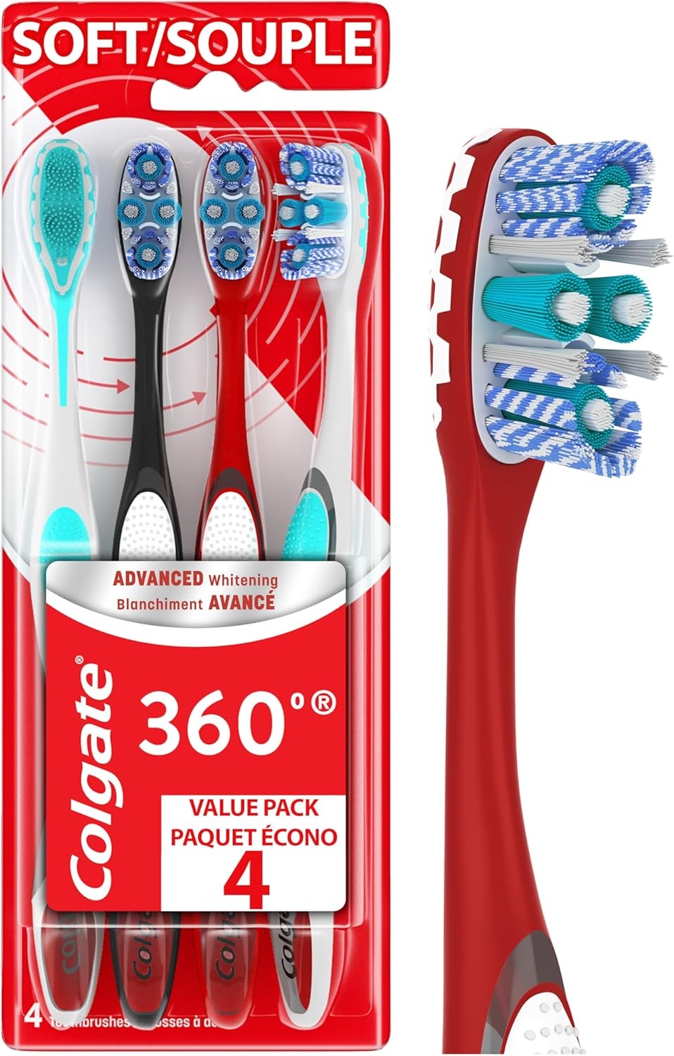 imageColgate 360 Advanced Whitening Medium Toothbrush Pack 4 Adult Medium Toothbrushes with Cheek and Tongue Cleaner Helps Clean Your Teeth Tongue Cheeks and Gums 4 Pack1 Count Pack of 4