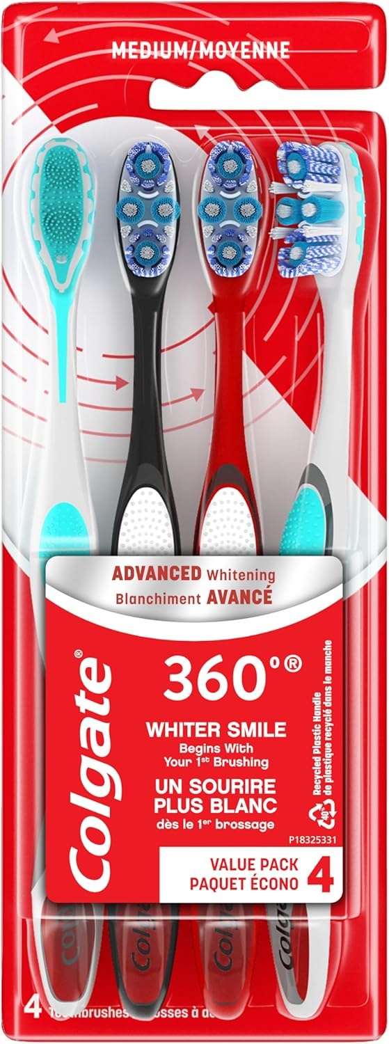 imageColgate 360 Advanced Whitening Medium Toothbrush Pack 4 Adult Medium Toothbrushes with Cheek and Tongue Cleaner Helps Clean Your Teeth Tongue Cheeks and Gums 4 Pack1 Count Pack of 4