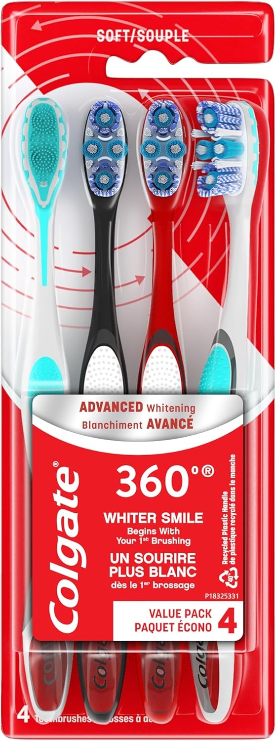 imageColgate 360 Advanced Whitening Medium Toothbrush Pack 4 Adult Medium Toothbrushes with Cheek and Tongue Cleaner Helps Clean Your Teeth Tongue Cheeks and Gums 4 Pack1 Count Pack of 8