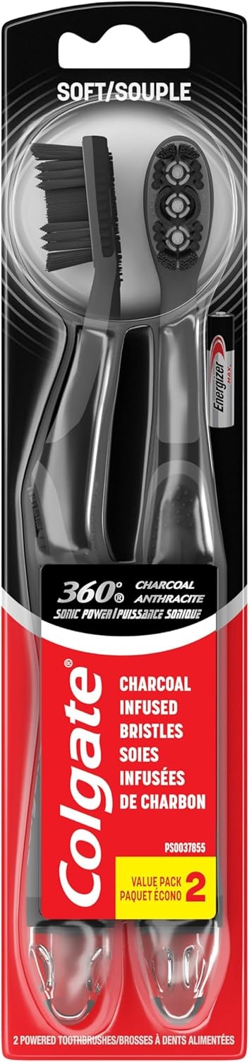 imageColgate 360 Vibrate Charcoal Battery Powered Electric Toothbrush with Soft Bristles 2 Pack Sonic PoweredBlack
