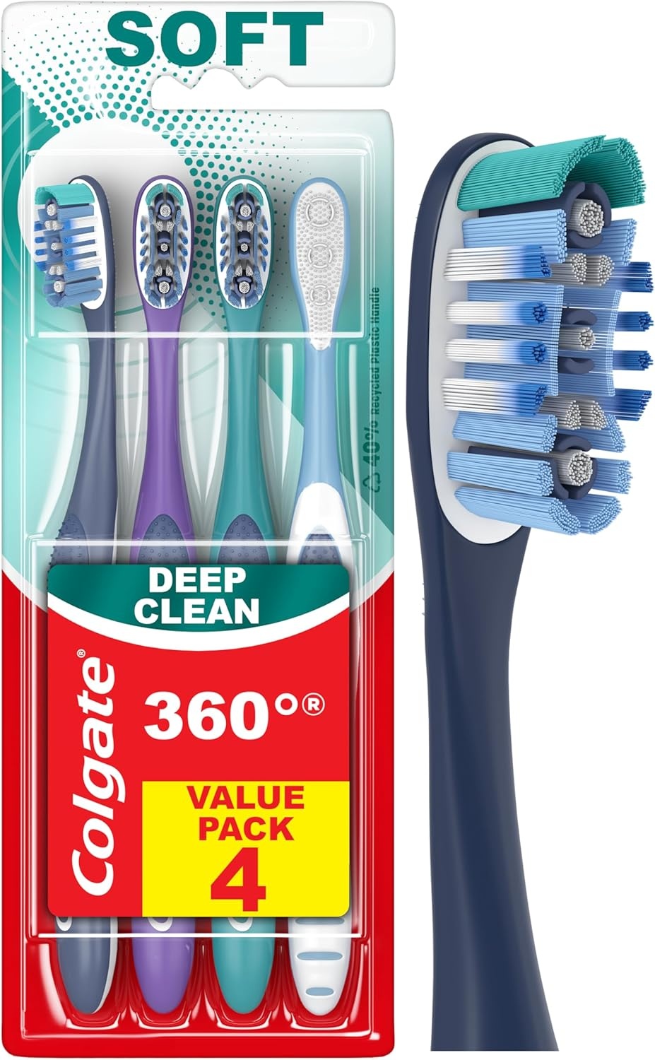imageColgate 360 Whole Mouth Toothbrush Adult Toothbrushes Medium Bristles Helps Remove Bad Breath Bacteria and Plaque Medium Toothbrush Pack Includes Cheek and Tongue Cleaner 4 Pack4 Count Pack of 1