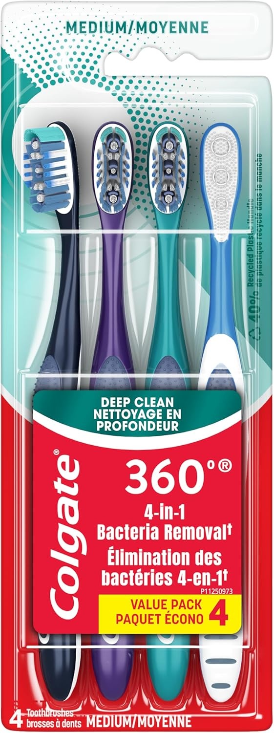 imageColgate 360 Whole Mouth Toothbrush Adult Toothbrushes Medium Bristles Helps Remove Bad Breath Bacteria and Plaque Medium Toothbrush Pack Includes Cheek and Tongue Cleaner 4 Pack4 Count Pack of 1