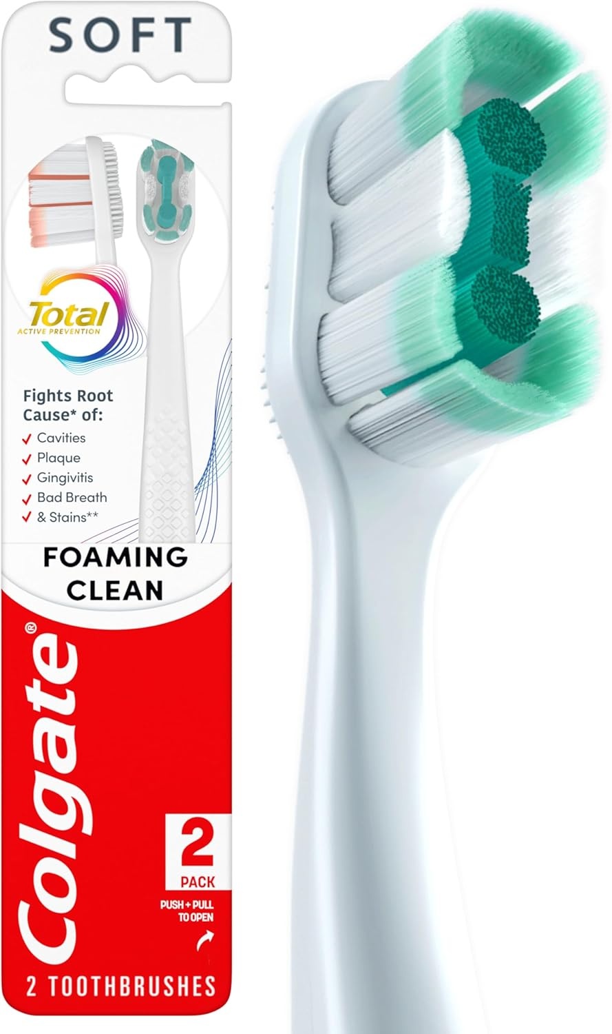 imageColgate Total Active Prevention Foaming Clean Soft Toothbrushes Soft Bristle Toothbrush Pack for Plaque Removal Helps Reach Deeper Along the Gumline and Between Teeth White 2 Pack1 Count Pack of 2