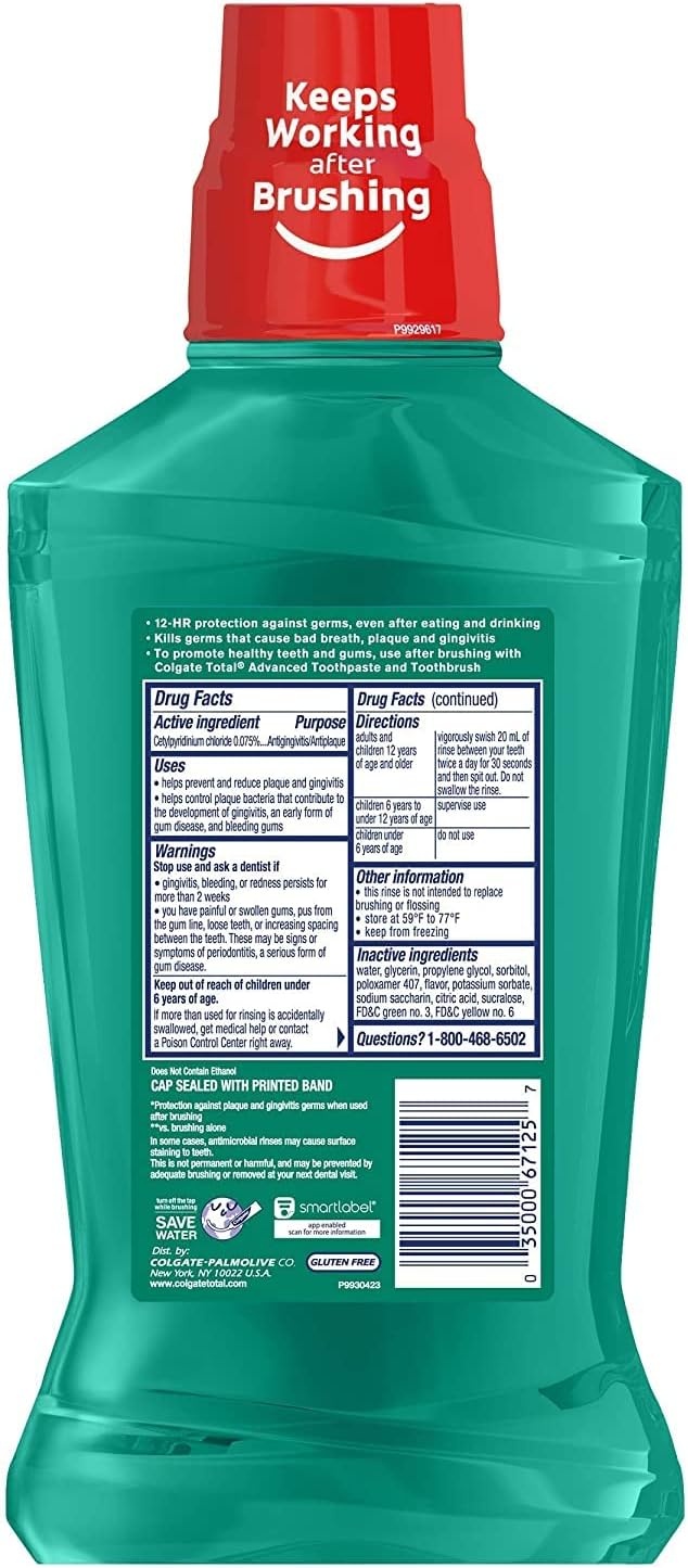 imageColgate Total Alcohol Free Mouthwash Peppermint for Bad Breath Helps Prevent Gingivitis and Plaque 3 Pack 338 Oz Each169 Fl Oz Pack of 6