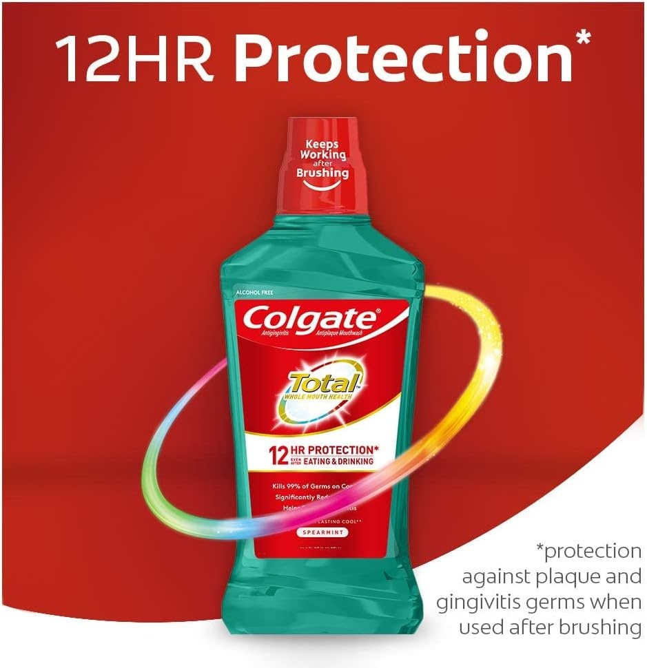 imageColgate Total Alcohol Free Mouthwash Peppermint for Bad Breath Helps Prevent Gingivitis and Plaque 3 Pack 338 Oz Each169 Fl Oz Pack of 6