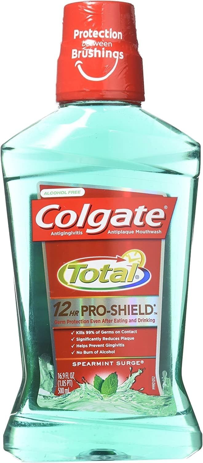 imageColgate Total Alcohol Free Mouthwash Peppermint for Bad Breath Helps Prevent Gingivitis and Plaque 3 Pack 338 Oz Each169 Fl Oz Pack of 6