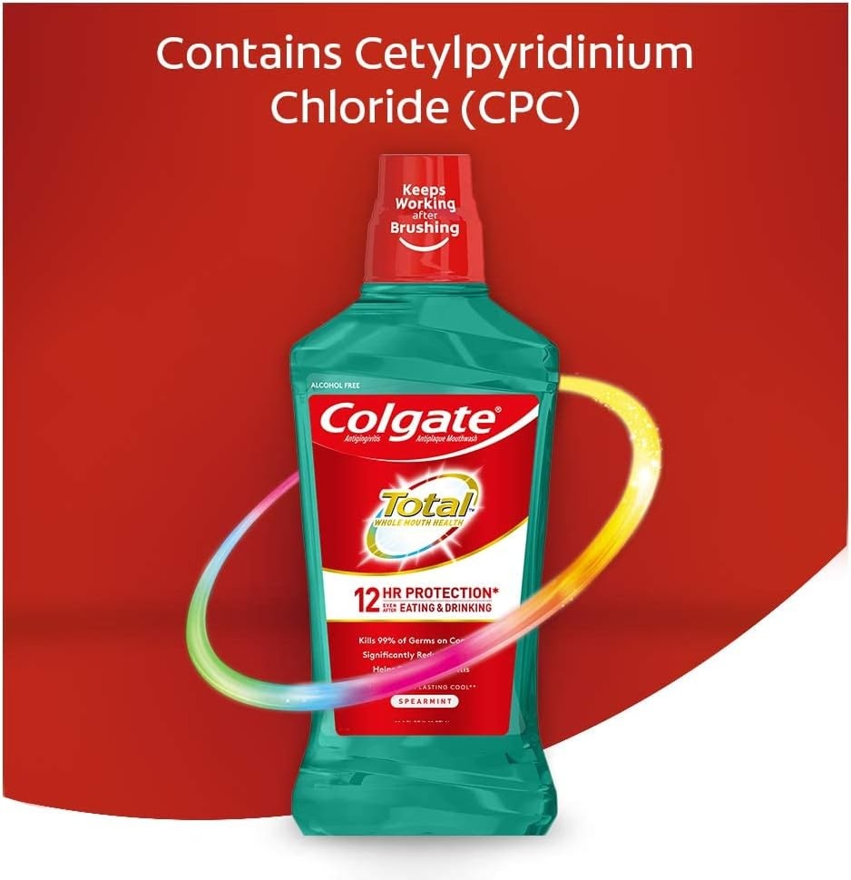 imageColgate Total Alcohol Free Mouthwash Peppermint for Bad Breath Helps Prevent Gingivitis and Plaque 3 Pack 338 Oz Each169 Fl Oz Pack of 6