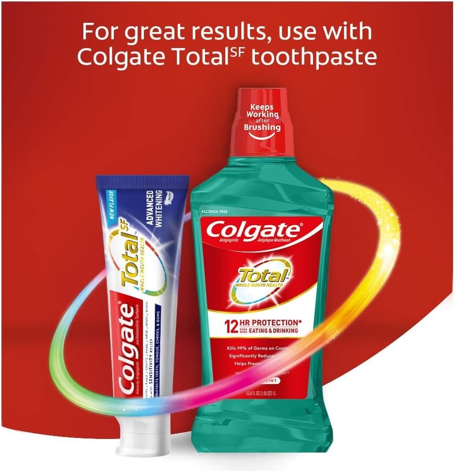 imageColgate Total Alcohol Free Mouthwash Peppermint for Bad Breath Helps Prevent Gingivitis and Plaque 3 Pack 338 Oz Each169 Fl Oz Pack of 6