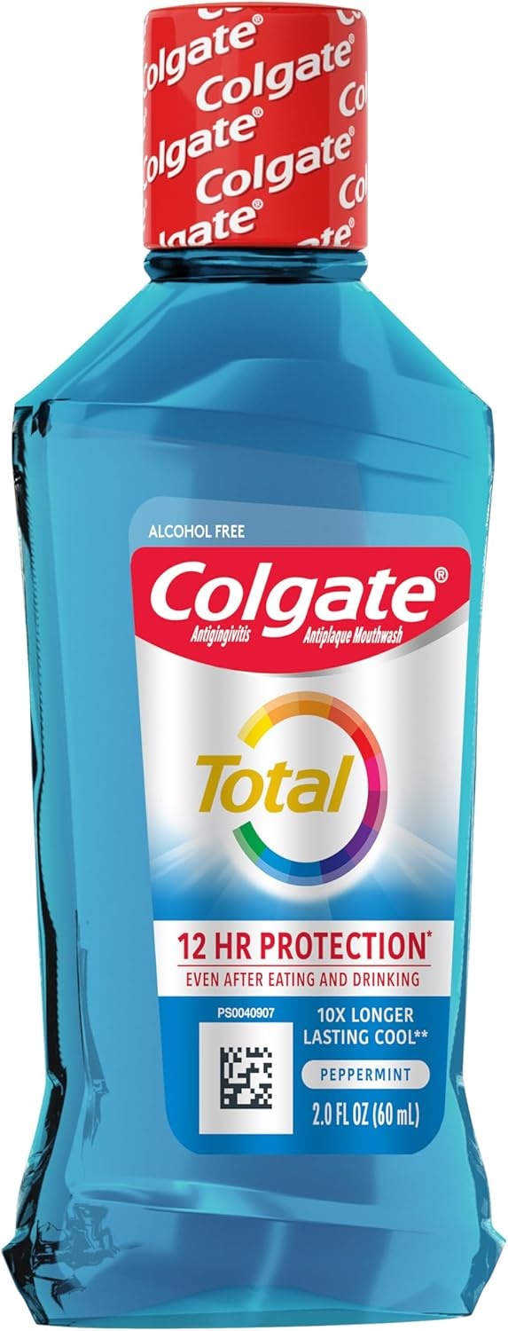 imageColgate Total Alcohol Free Mouthwash Peppermint for Bad Breath Helps Prevent Gingivitis and Plaque 3 Pack 338 Oz Each2 Fl Oz Pack of 1