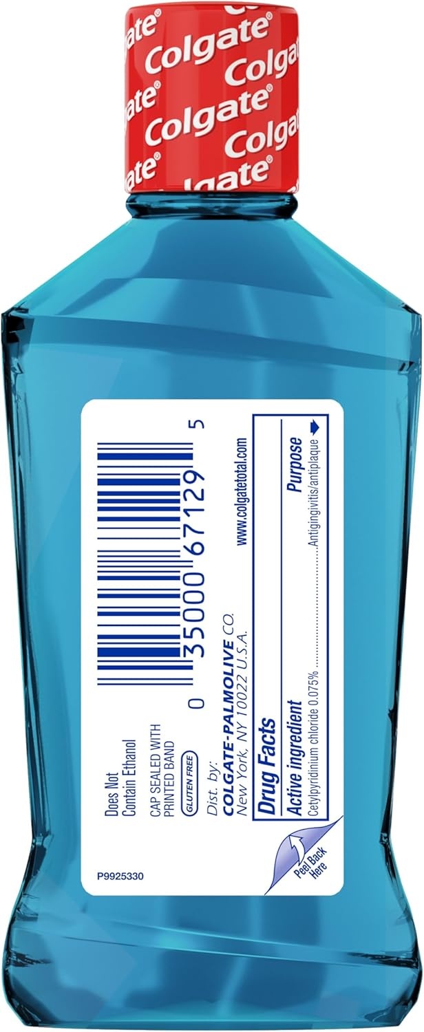 imageColgate Total Alcohol Free Mouthwash Peppermint for Bad Breath Helps Prevent Gingivitis and Plaque 3 Pack 338 Oz Each2 Fl Oz Pack of 1