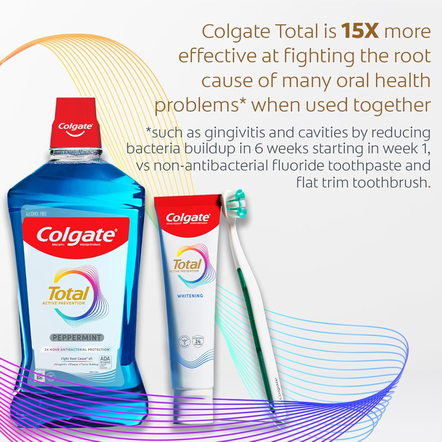 imageColgate Total Alcohol Free Mouthwash Peppermint for Bad Breath Helps Prevent Gingivitis and Plaque 3 Pack 338 Oz Each33 Fl Oz Pack of 1