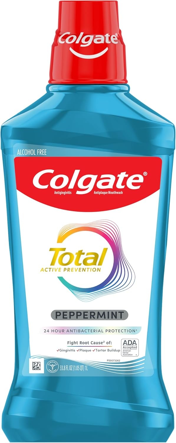 imageColgate Total Alcohol Free Mouthwash Peppermint for Bad Breath Helps Prevent Gingivitis and Plaque 3 Pack 338 Oz Each33 Fl Oz Pack of 1