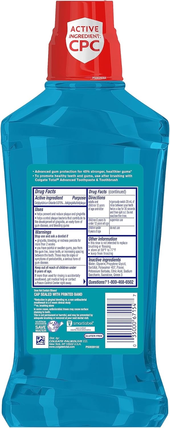 imageColgate Total Alcohol Free Mouthwash Peppermint for Bad Breath Helps Prevent Gingivitis and Plaque 3 Pack 338 Oz Each338 Ounce Pack of 6