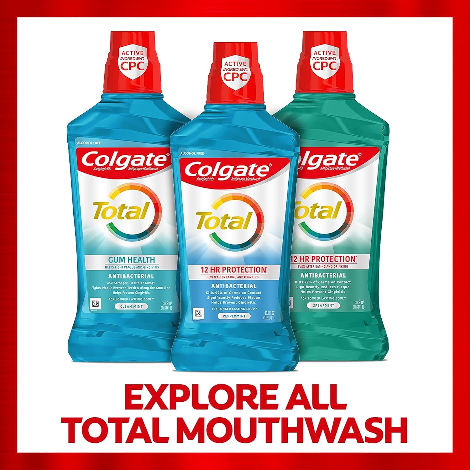 imageColgate Total Alcohol Free Mouthwash Peppermint for Bad Breath Helps Prevent Gingivitis and Plaque 3 Pack 338 Oz Each338 Ounce Pack of 6
