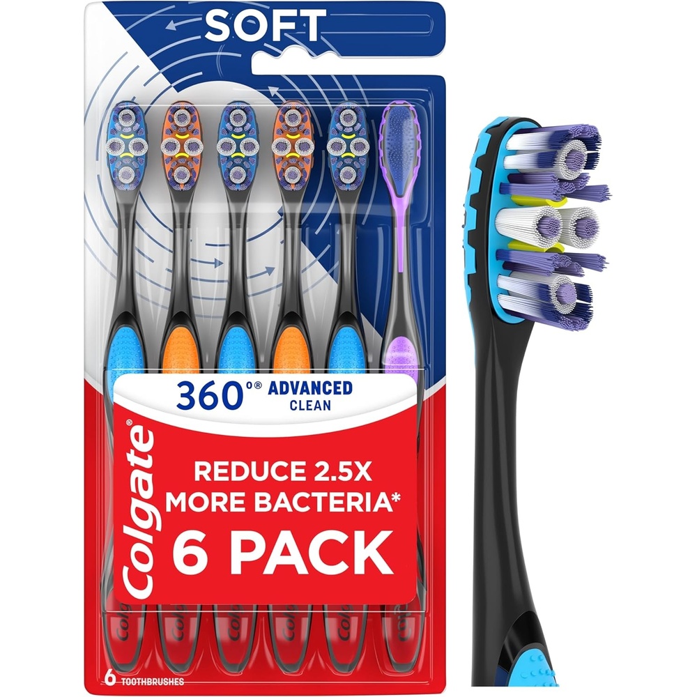 imageColgate 360 Advanced Clean Adult Soft Toothbrush Pack 6 Soft Bristled Toothbrushes with Cheek and Tongue Cleaner Helps Clean Your Teeth Tongue Cheeks and Gums 6 Pack6 Count Pack of 12