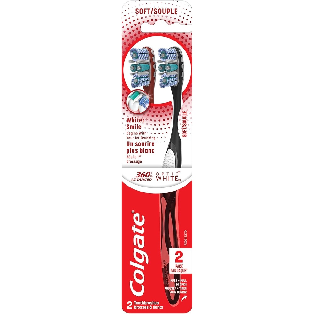 imageColgate 360 Optic White Whitening Toothbrush Adult Soft Toothbrush with Whitening Cups Helps Whiten Teeth and Removes Odor Causing Bacteria 4 Pack2 Count Pack of 1