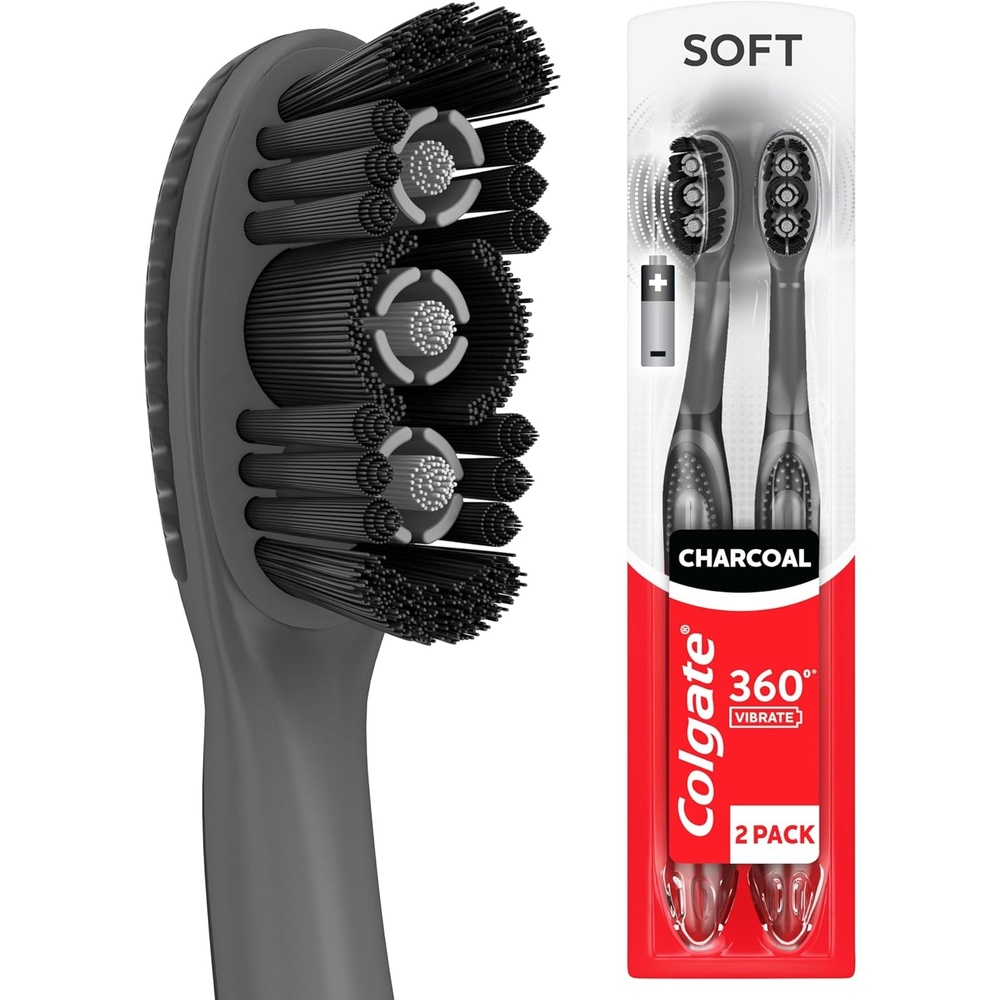 imageColgate 360 Vibrate Charcoal Battery Powered Electric Toothbrush with Soft Bristles 2 Pack Sonic PoweredBlack
