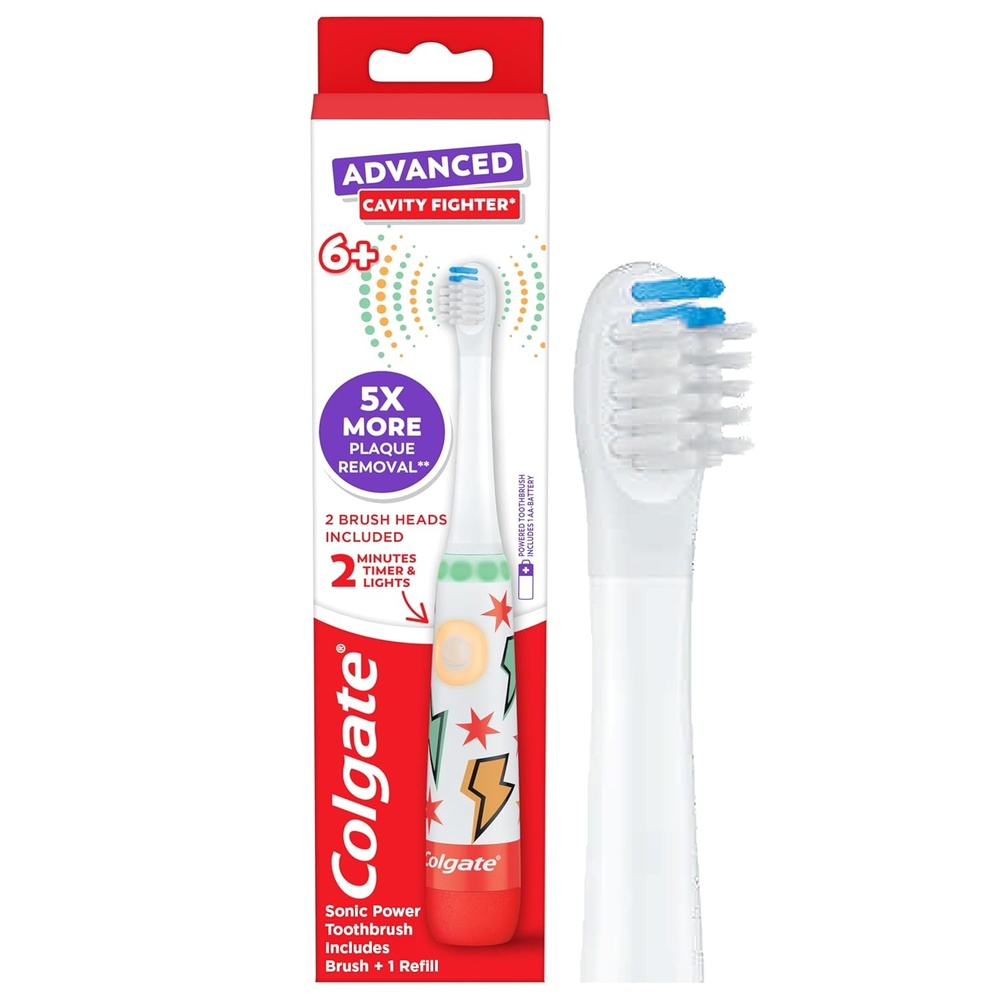 imageColgate Advanced Cavity Fighter Kids Battery Toothbrush Includes AA Battery and Extra Toothbrush Head Features Builtin Timer and 2 Brushing Modes for Children Ages 6 and Up
