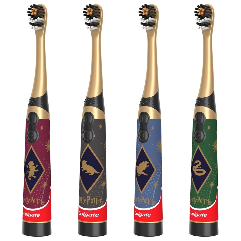 imageColgate Harry Potter Kids Battery Toothbrush Multipack Extra Soft Kids Vibrating Toothbrush AA Batteries Included 4 Pack for Witches and Wizards Ages 3 and Older Lay Flat Design
