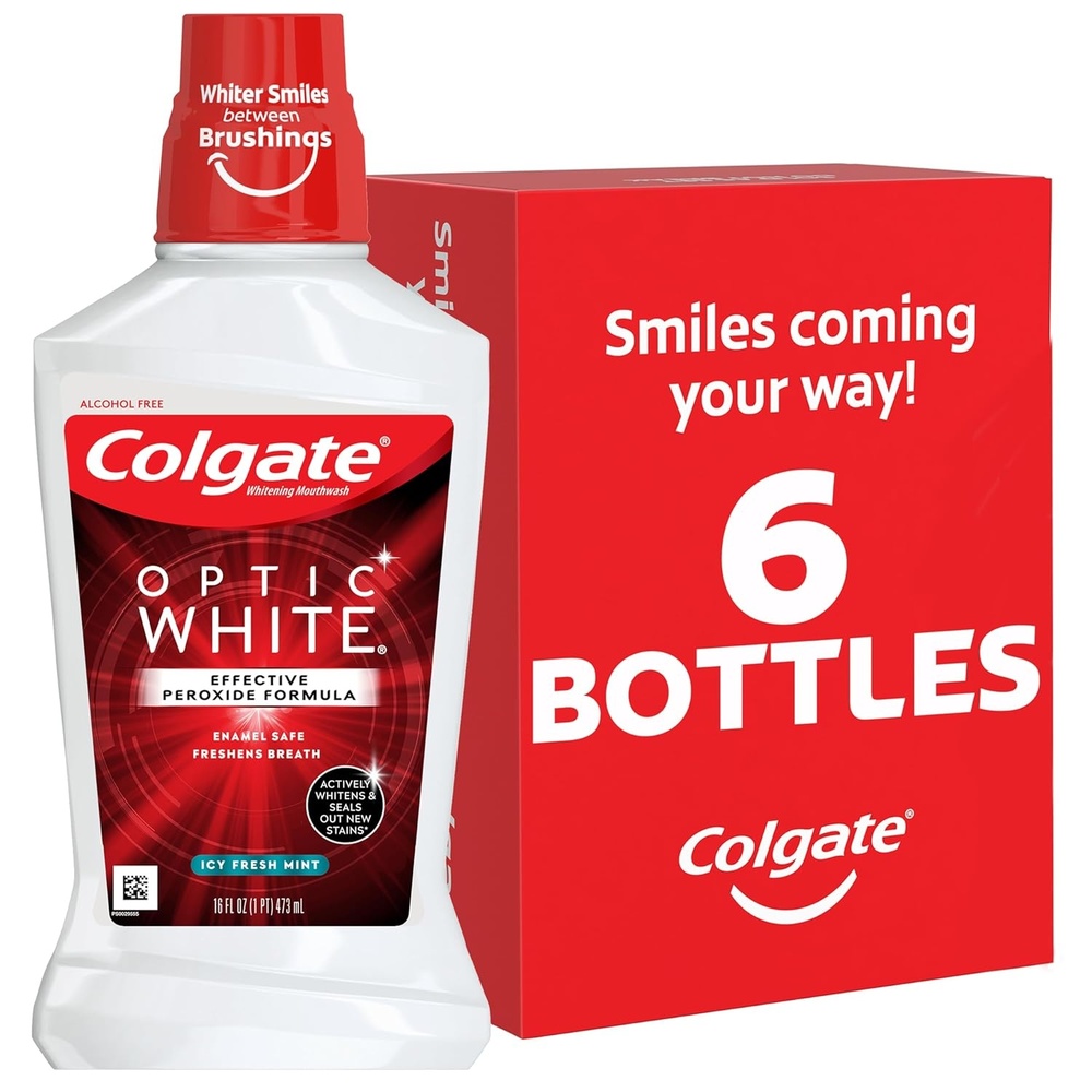 imageColgate Optic White Whitening Mouthwash with Hydrogen Peroxide Alcohol Free Icy Fresh Mint  16 fluid ounces 6 Pack16 Fl Oz Pack of 6