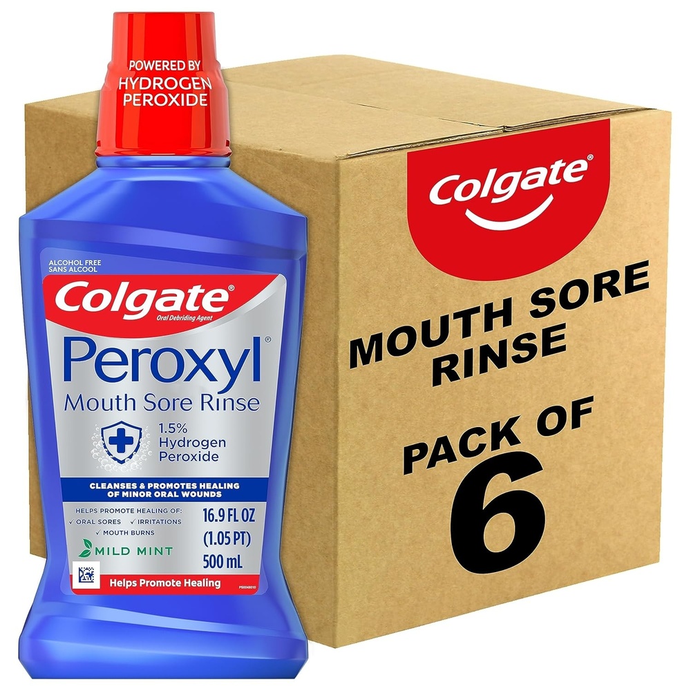 imageColgate Peroxyl Alcohol Free Mouthwash with 15 Hydrogen Peroxide Mouth Sore Rinse for Canker Sores Oral Irritations and Burns Mild Mint 84 fl oz Bottle169 Fl Oz Pack of 6