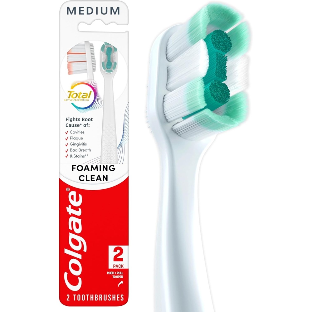 imageColgate Total Active Prevention Foaming Clean Soft Toothbrushes Soft Bristle Toothbrush Pack for Plaque Removal Helps Reach Deeper Along the Gumline and Between Teeth White 2 Pack1 Count Pack of 2