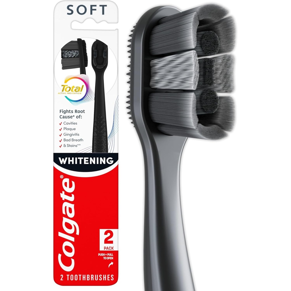 imageColgate Total Active Prevention Soft Bristle Whitening Toothbrushes Soft Toothbrush with Charcoal Infused Bristles Helps Whiten and Reaches Deeper Along the Gumline and Between Teeth Black 2 Pack1 Count Pack of 2