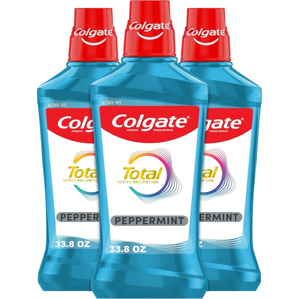 imageColgate Total Alcohol Free Mouthwash Peppermint for Bad Breath Helps Prevent Gingivitis and Plaque 3 Pack 338 Oz Each338 Fl Oz Pack of 3