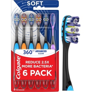 Colgate 360 Advanced Clean Adult Soft Toothbrush Pack, 6 Soft Bristled Toothbrushes with Cheek and Tongue Cleaner, Helps Clean Your Teeth, Tongue, Cheeks, and Gums, 6 Pack(6 Count (Pack of 1))