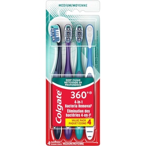 Colgate 360 Whole Mouth Toothbrush, Adult Toothbrushes Medium Bristles, Helps Remove Bad Breath Bacteria and Plaque, Medium Toothbrush Pack, Includes Cheek and Tongue Cleaner, 4 Pack(4 Count (Pack of 1))