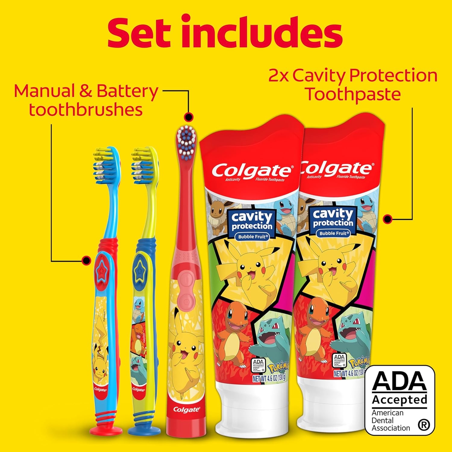 imageColgate Kids Bluey Toothbrush and Kids Toothpaste Gift Set Includes BlueyThemed Battery Toothbrush 2 Bubblegum Flavored Fluoride Toothpastes and 2 Manual ToothbrushesPokemon