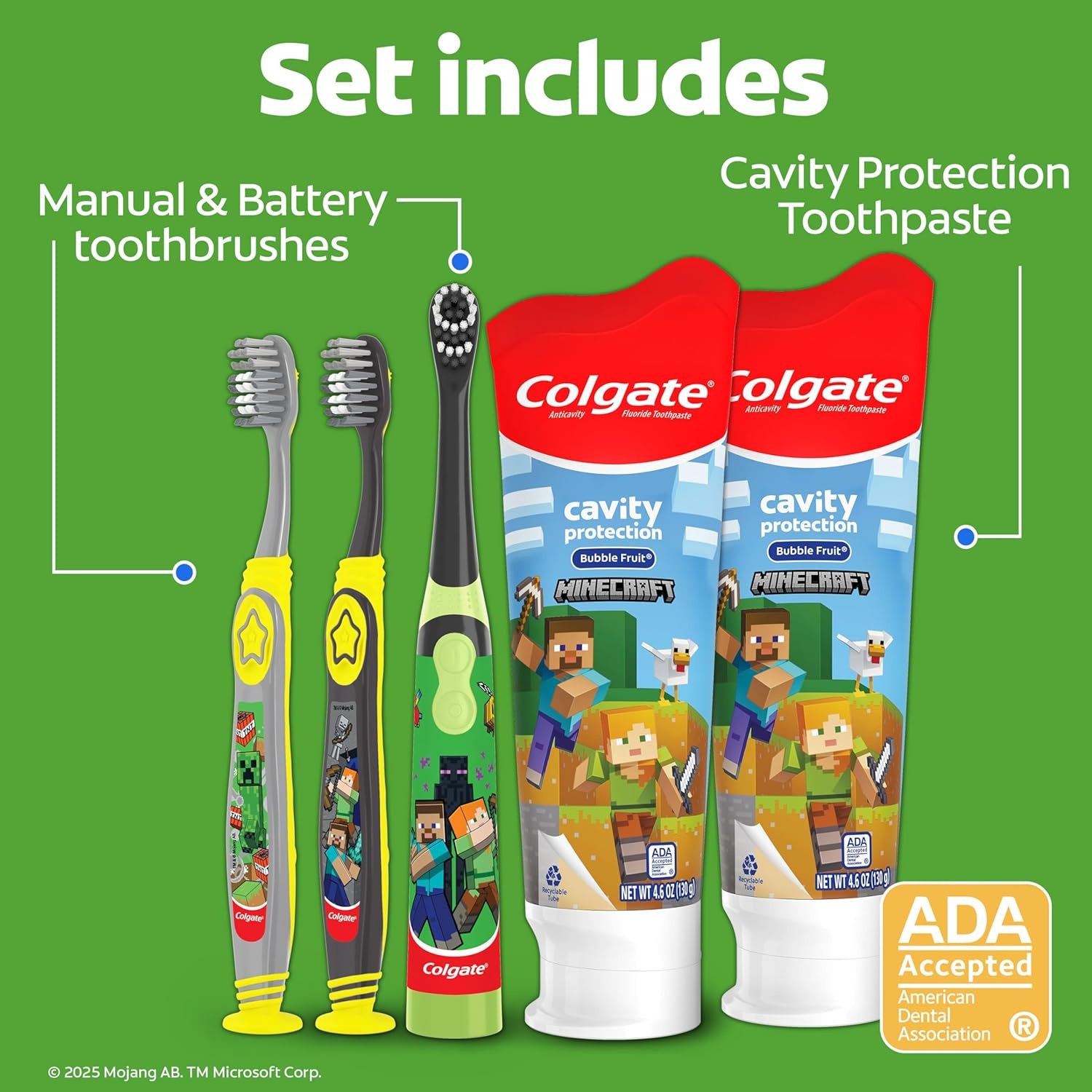 imageColgate Kids Bluey Toothbrush and Kids Toothpaste Gift Set Includes BlueyThemed Battery Toothbrush 2 Bubblegum Flavored Fluoride Toothpastes and 2 Manual ToothbrushesMinecraft