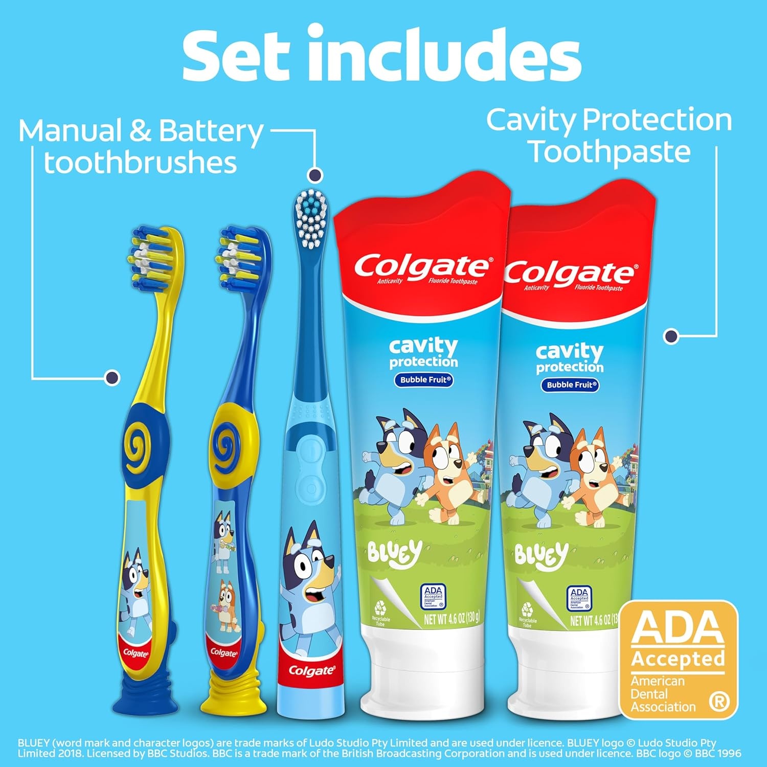 imageColgate Kids Bluey Toothbrush and Kids Toothpaste Gift Set Includes BlueyThemed Battery Toothbrush 2 Bubblegum Flavored Fluoride Toothpastes and 2 Manual ToothbrushesBluey
