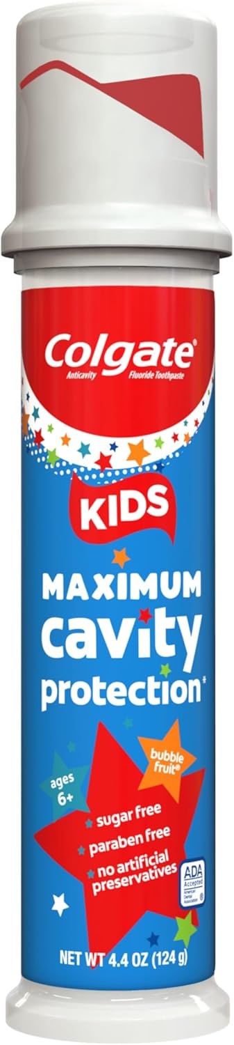 imageColgate Kids Toothpaste Pump with Fluoride for Cavity Protection Ages 6 ADA Accepted Bubble Fruit 44 Ounce 6 Pack