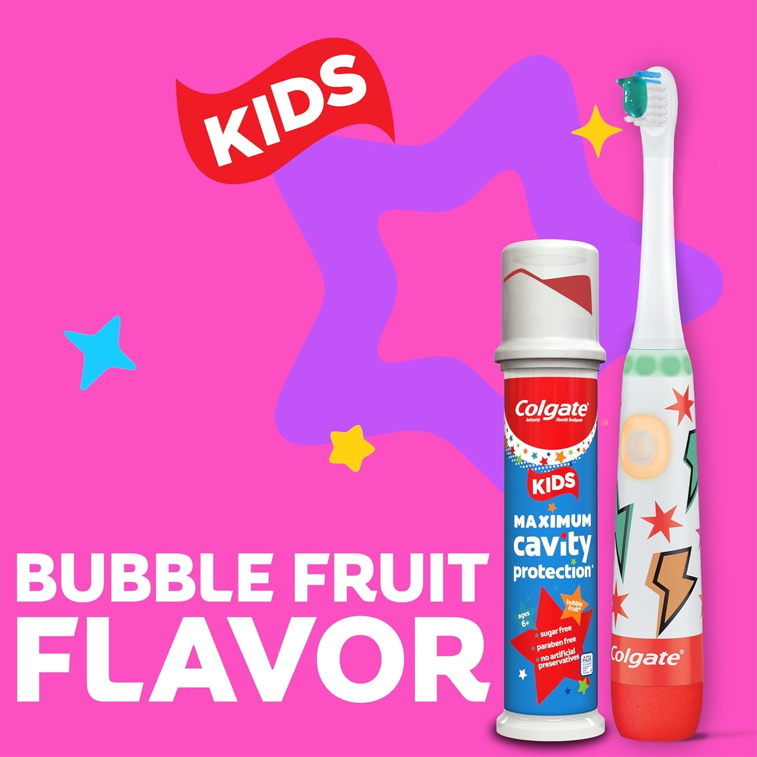 imageColgate Kids Toothpaste Pump with Fluoride for Cavity Protection Ages 6 ADA Accepted Bubble Fruit 44 Ounce 6 Pack