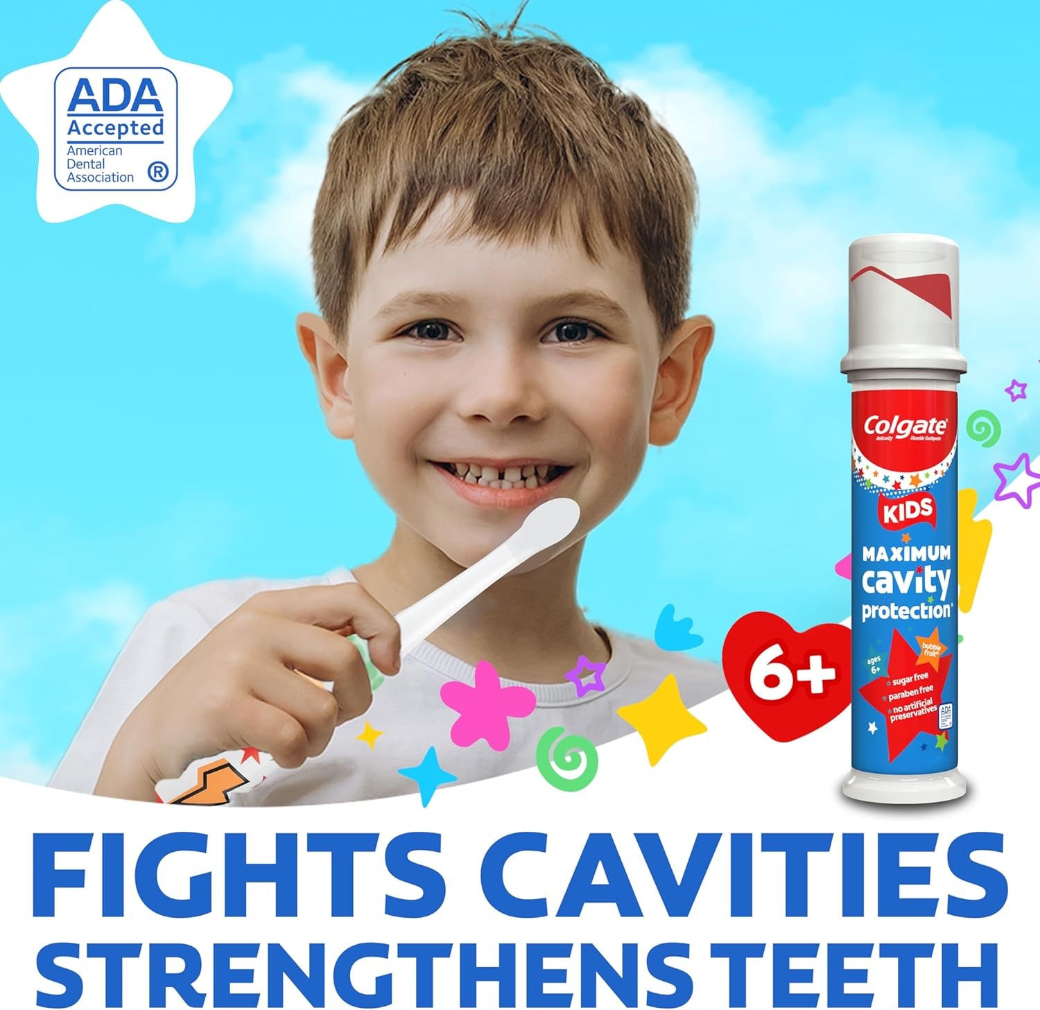 imageColgate Kids Toothpaste Pump with Fluoride for Cavity Protection Ages 6 ADA Accepted Bubble Fruit 44 Ounce 6 Pack