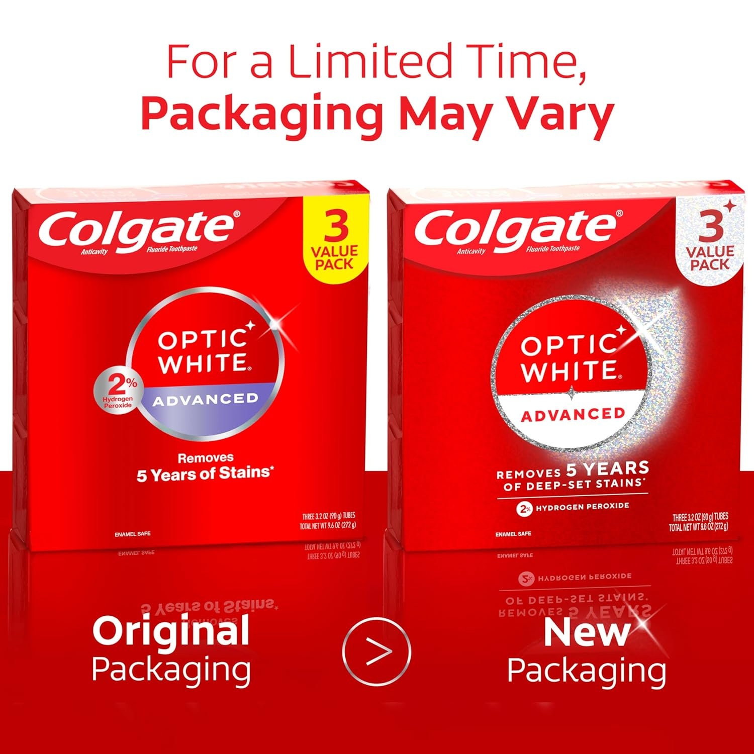 imageColgate Optic White Advanced Hydrogen Peroxide Toothpaste Teeth Whitening Toothpaste Pack EnamelSafe Formula Helps Remove Tea Coffee and Wine Stains Sparkling White 3 Pack 32 oz96 Ounce Pack of 1