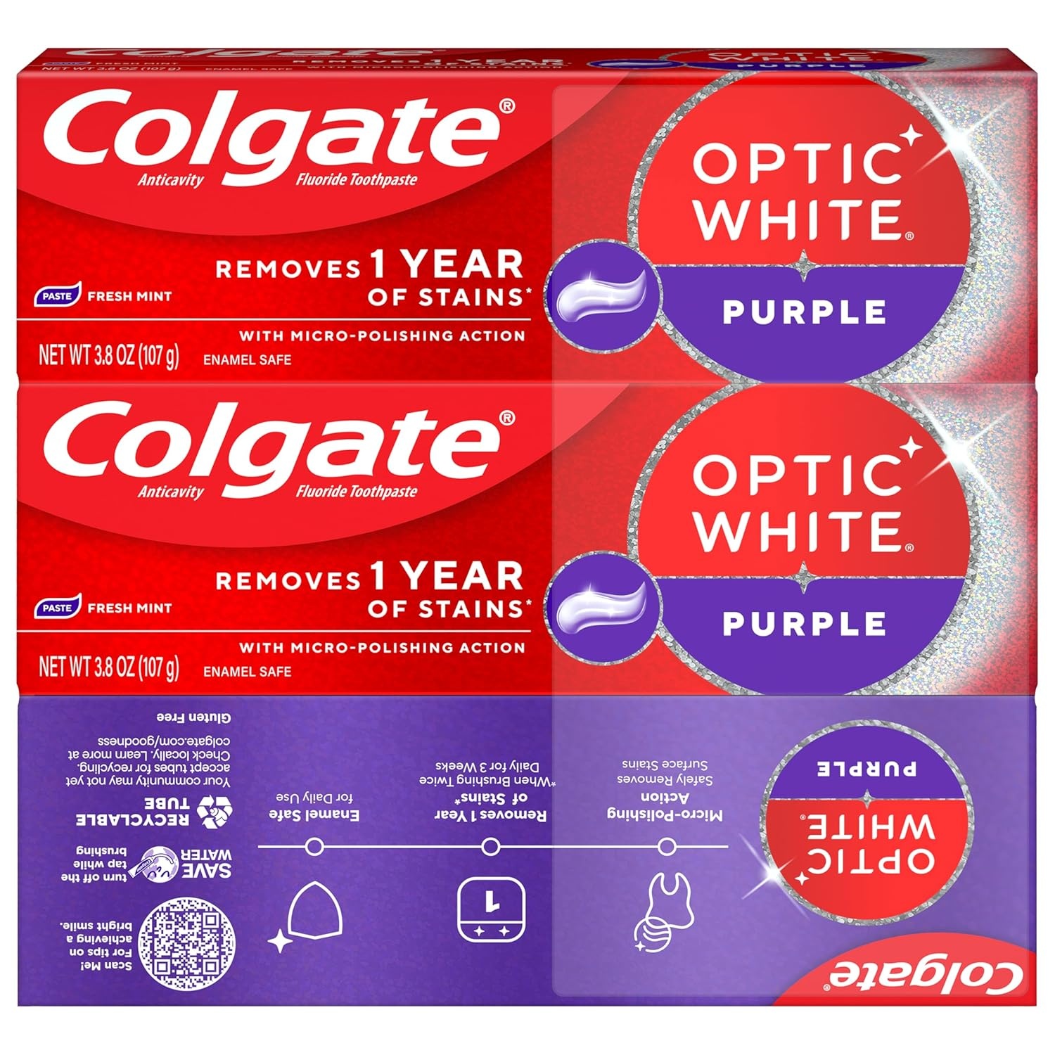 imageColgate Optic White Purple Teeth Whitening Toothpaste 3 Pack Anticavity Toothpaste with Fluoride Fresh Mint Flavor 38 OZ