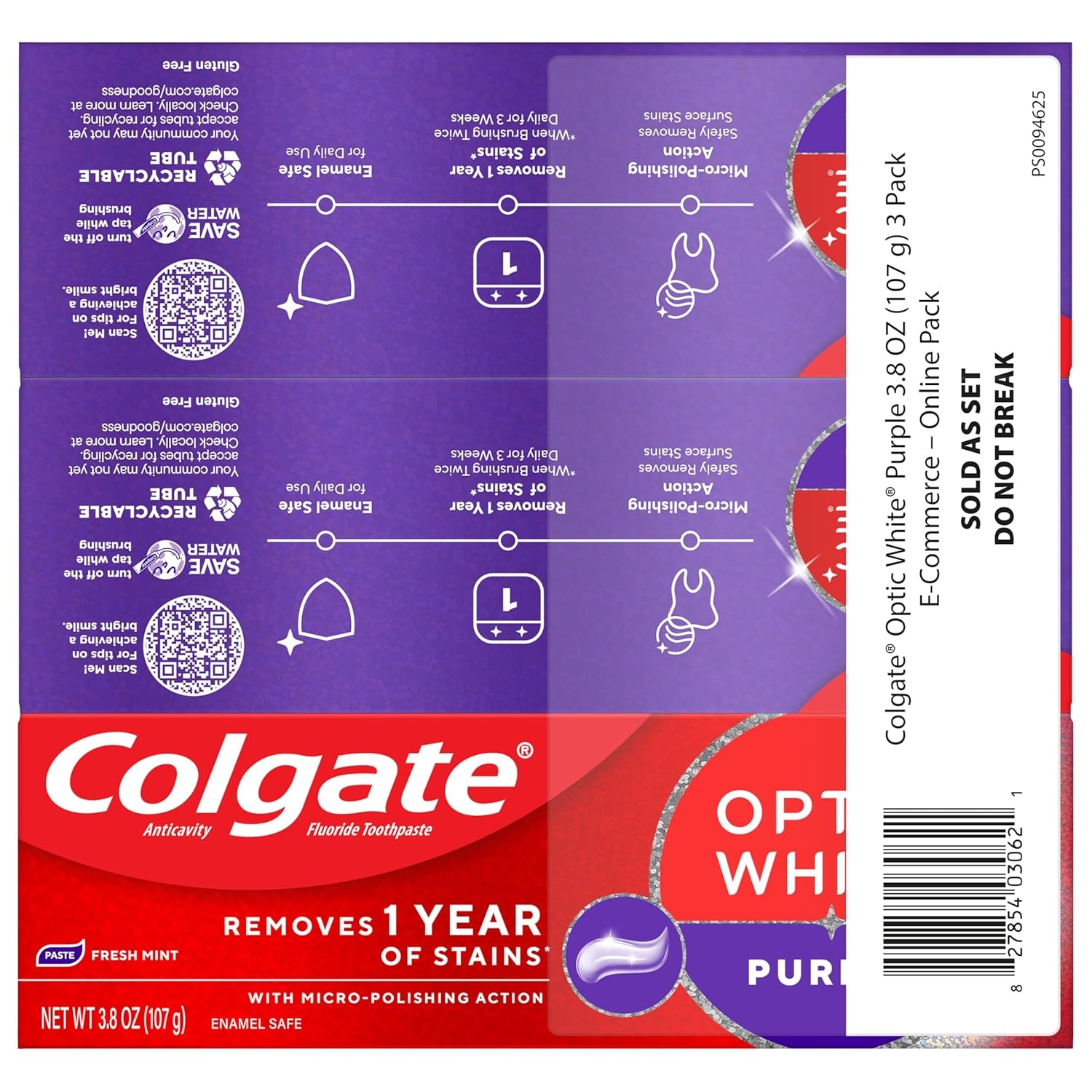 imageColgate Optic White Purple Teeth Whitening Toothpaste 3 Pack Anticavity Toothpaste with Fluoride Fresh Mint Flavor 38 OZ