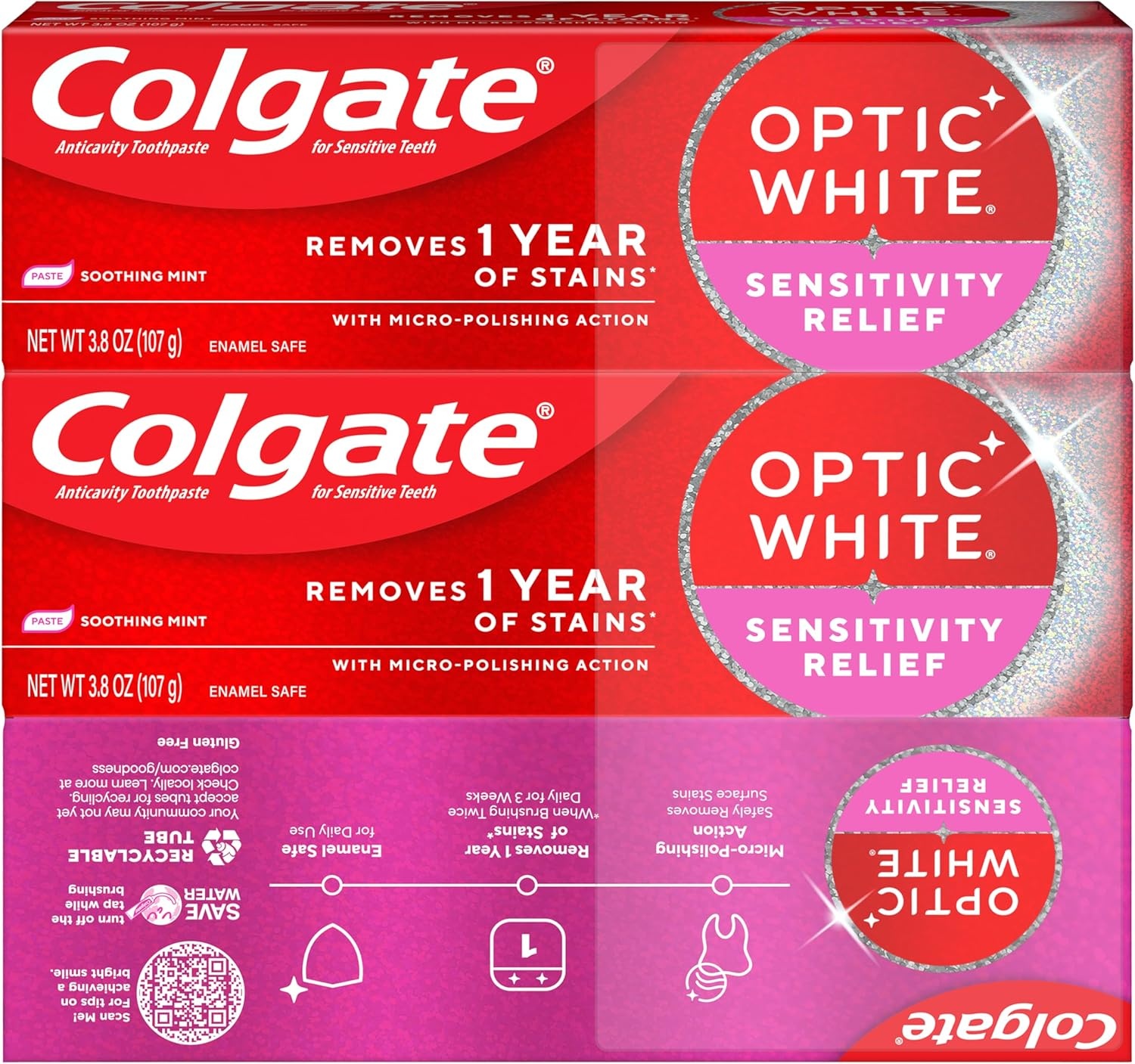imageColgate Optic White Sensitivity Relief Teeth Whitening Toothpaste 3 Pack Anticavity Toothpaste for Sensitive Teeth Fluoride Enamel Safe Soothing Mint Flavor 38 OZ