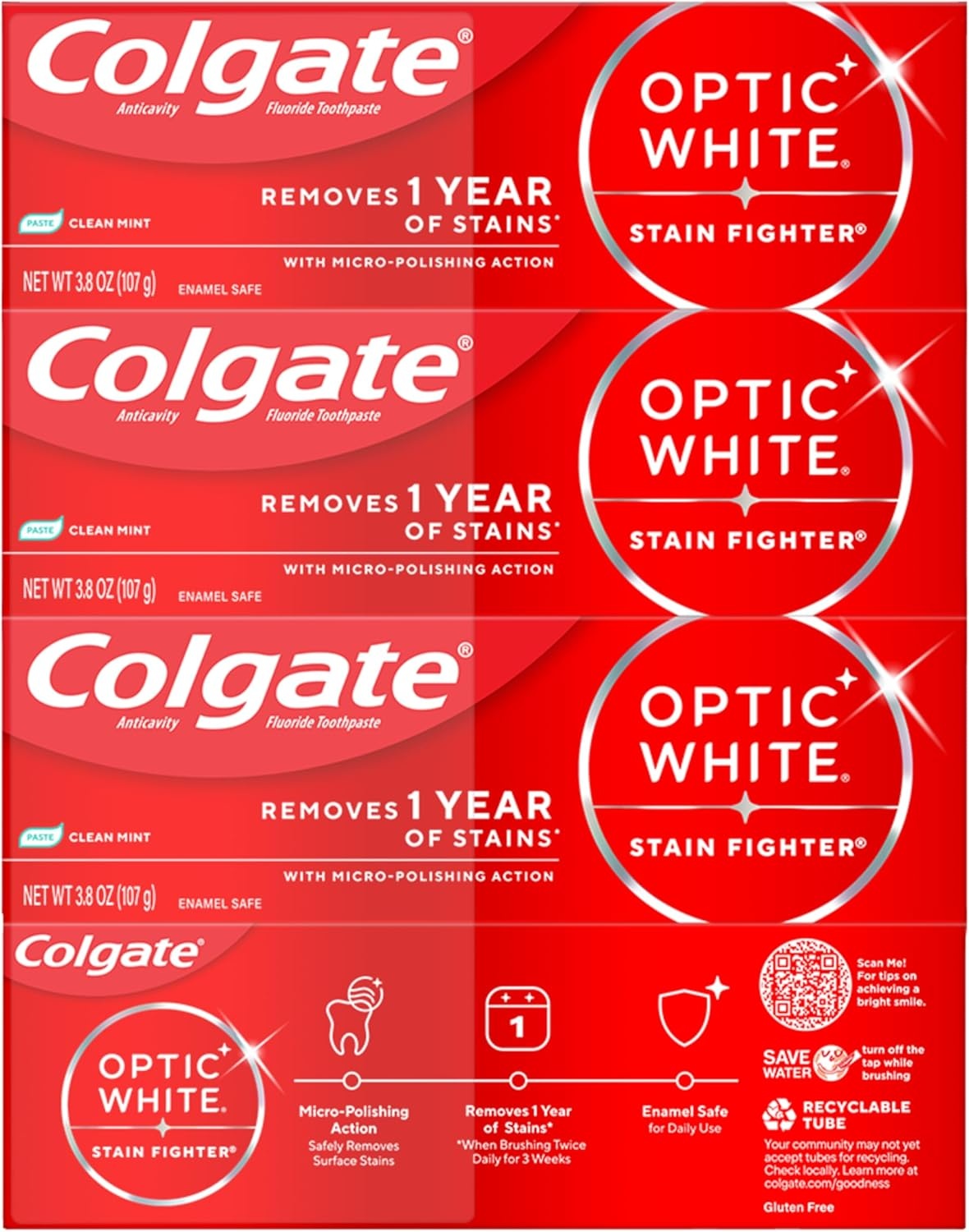 imageColgate Optic White Stain Fighter Clean Mint Paste Teeth Whitening Toothpaste 4 Pack Anticavity Toothpaste with Fluoride Enamel Safe Teeth Stain Remover 38 OZ