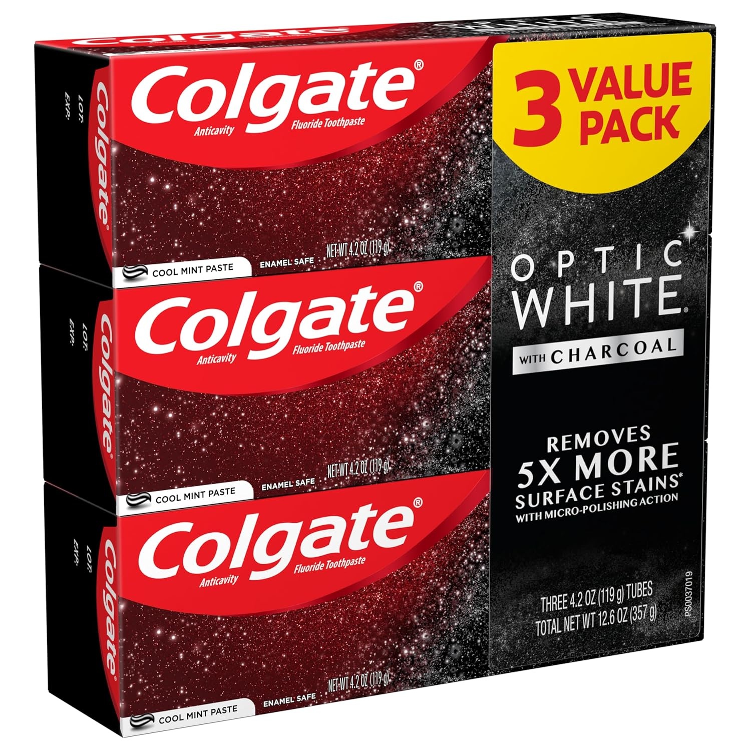 imageColgate Optic White with Charcoal Teeth Whitening Toothpaste Anticavity Toothpaste with Fluoride Cool Mint Flavor 3 Pack 38 OZ033 Ounce Pack of 3