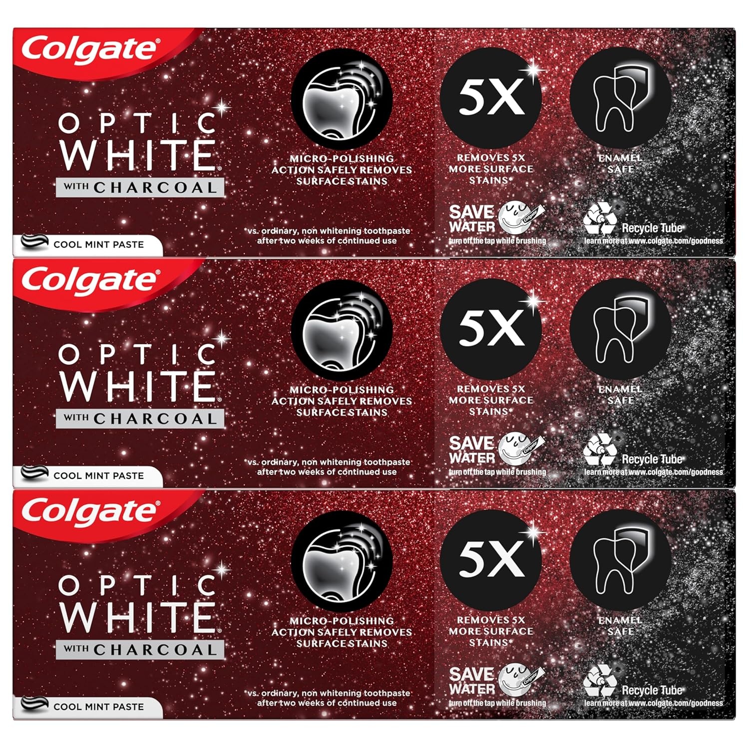 imageColgate Optic White with Charcoal Teeth Whitening Toothpaste Anticavity Toothpaste with Fluoride Cool Mint Flavor 3 Pack 38 OZ033 Ounce Pack of 3