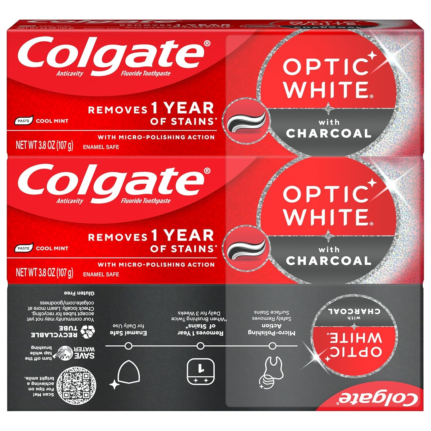 imageColgate Optic White with Charcoal Teeth Whitening Toothpaste Anticavity Toothpaste with Fluoride Cool Mint Flavor 3 Pack 38 OZ38 Ounce Pack of 3
