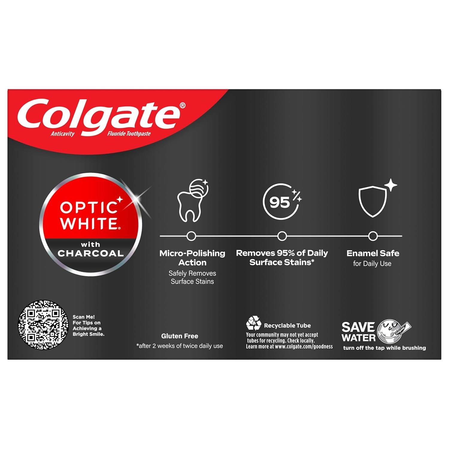 imageColgate Optic White with Charcoal Teeth Whitening Toothpaste Anticavity Toothpaste with Fluoride Cool Mint Flavor 3 Pack 38 OZ42 Ounce Pack of 2