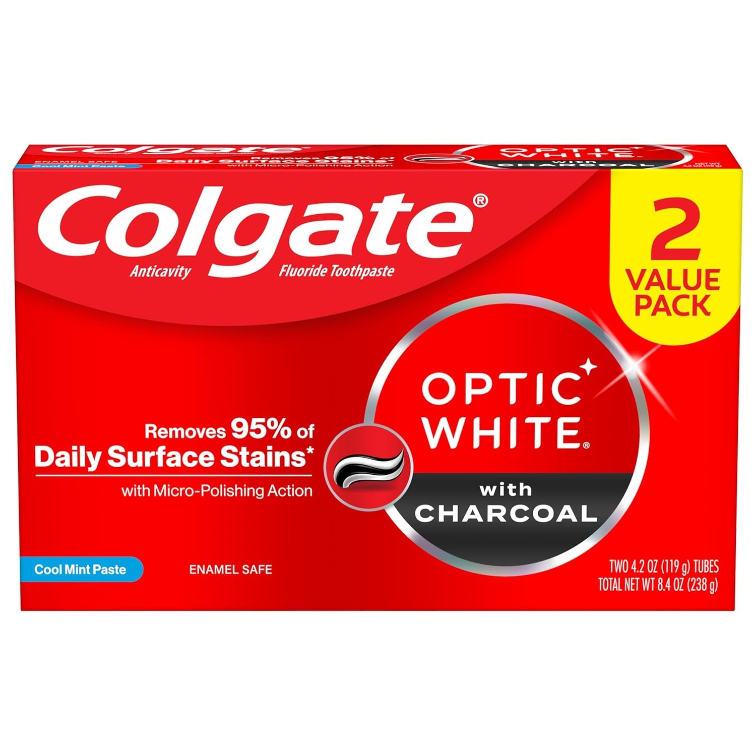 imageColgate Optic White with Charcoal Teeth Whitening Toothpaste Anticavity Toothpaste with Fluoride Cool Mint Flavor 3 Pack 38 OZ42 Ounce Pack of 2