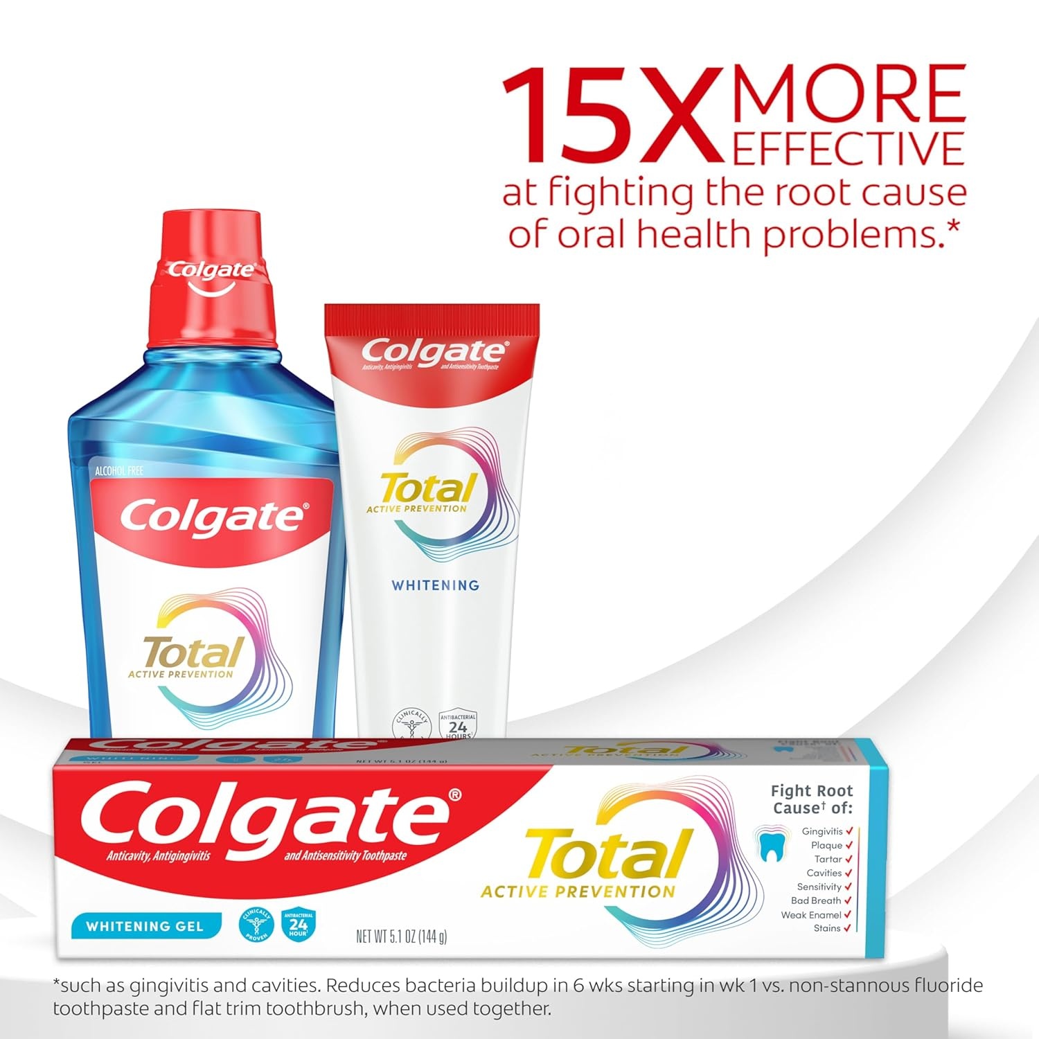 imageColgate Total Active Prevention Whitening Gel Toothpaste with Fluoride Bulk with Clinically Proven Formula That Fights Plaque Bacteria Mint 4 Pack 51 oz