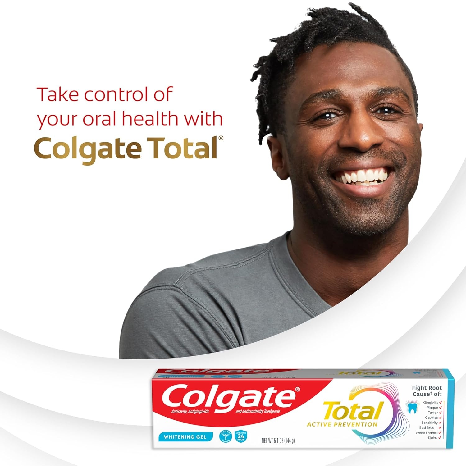 imageColgate Total Active Prevention Whitening Gel Toothpaste with Fluoride Bulk with Clinically Proven Formula That Fights Plaque Bacteria Mint 4 Pack 51 oz