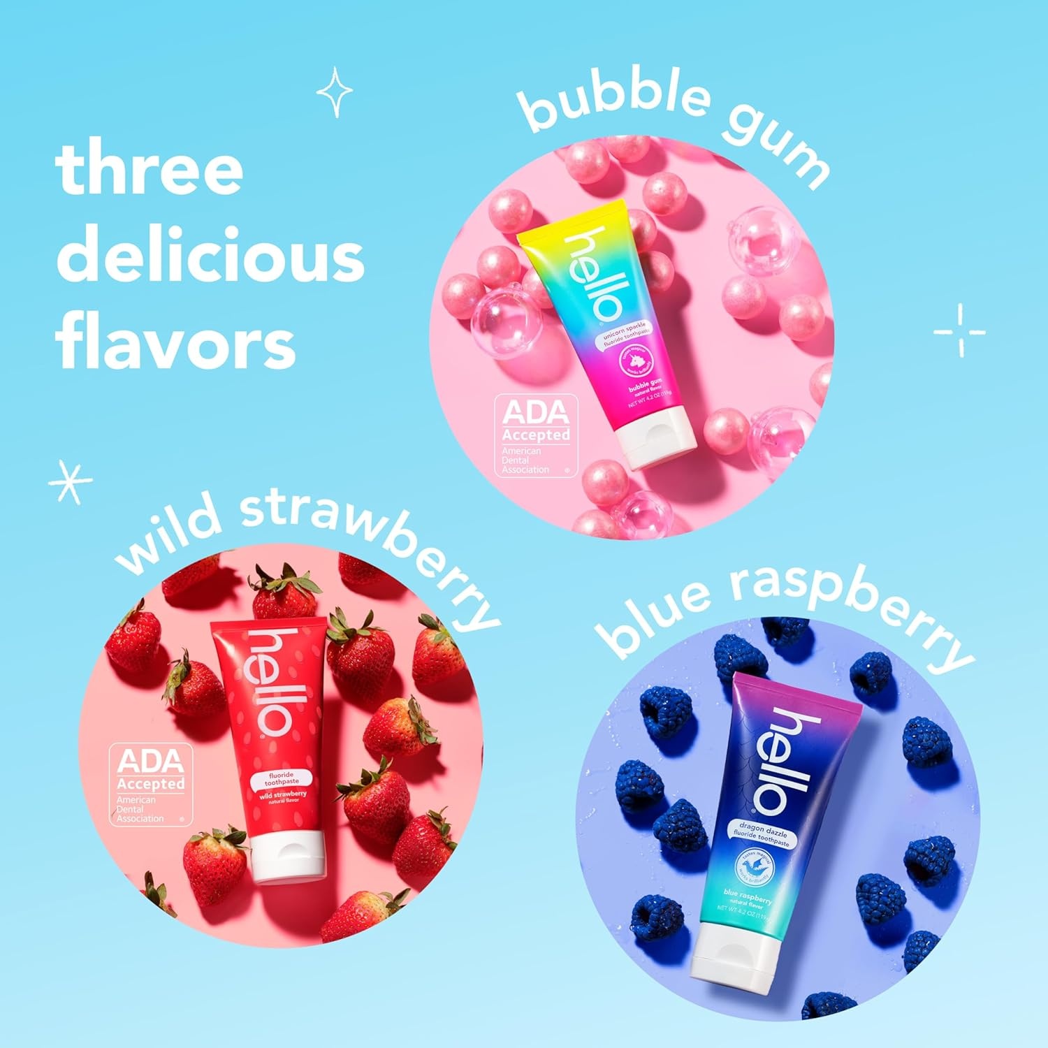 imageHello Kids Fluoride Toothpaste Variety Pack Includes a Strawberry Toothpaste Unicorn Bubble Gum Toothpaste and Blue Raspberry Toothpaste Safe for Ages 2 and Up 3 Pack 42 Oz EachVariety Pack