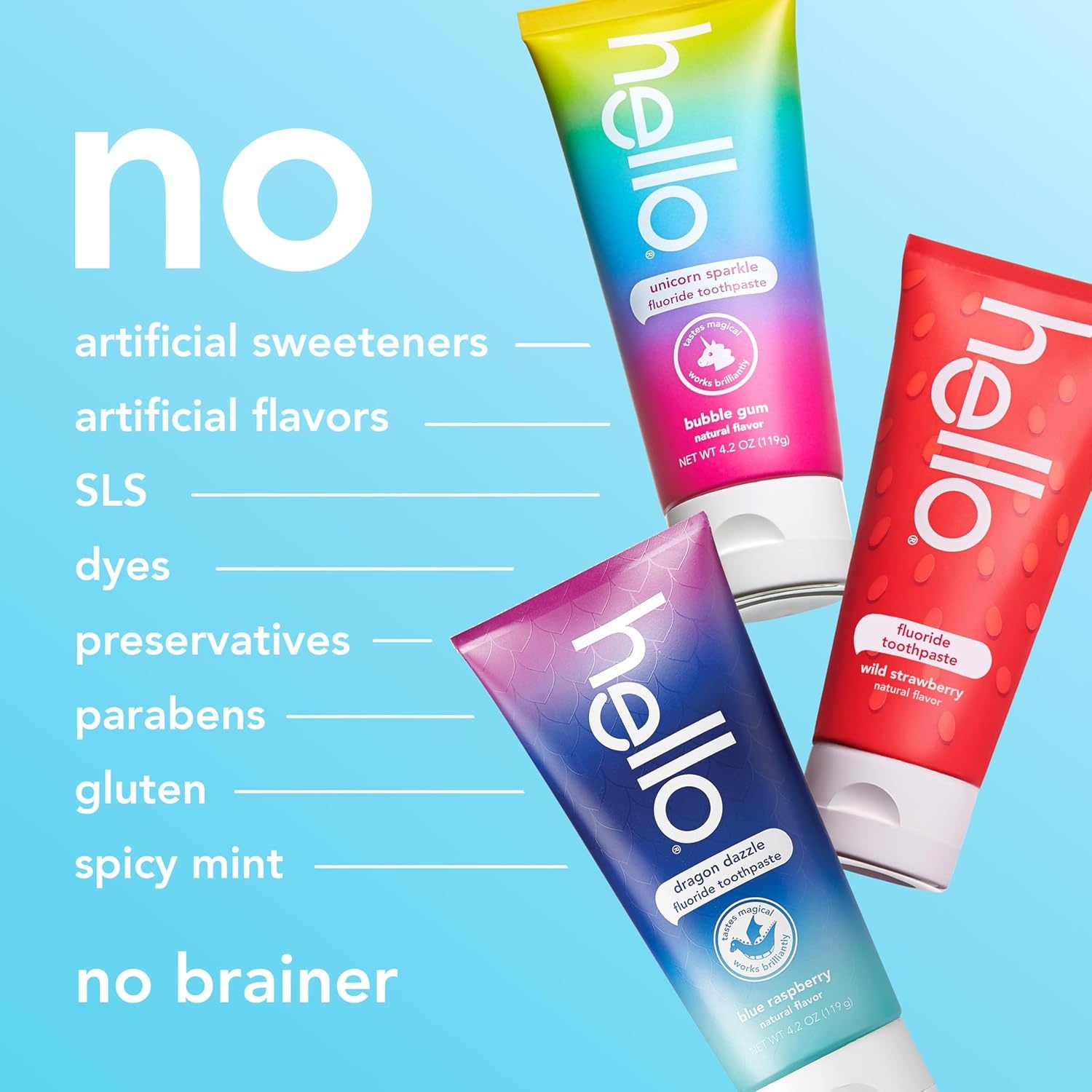 imageHello Kids Fluoride Toothpaste Variety Pack Includes a Strawberry Toothpaste Unicorn Bubble Gum Toothpaste and Blue Raspberry Toothpaste Safe for Ages 2 and Up 3 Pack 42 Oz EachVariety Pack
